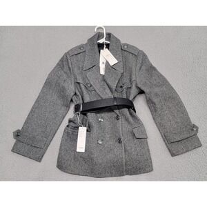 Goelia Blazer Womens Medium Gray Wool Blend Belted Herringbone Military Jacket